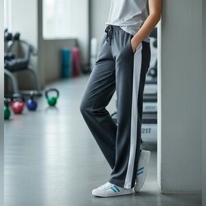 Champion Woman’s Athletic Wide Leg Striped Gray White & Aqua Sweat Pants